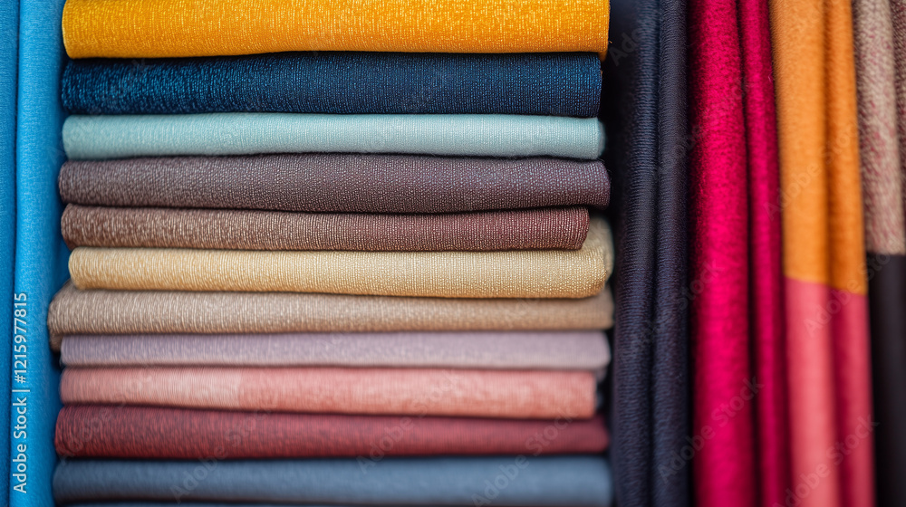 Poster a spectrum of textures: a meticulously arranged stack of fabric swatches showcases a vibrant array o