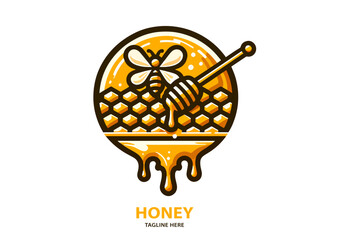Honey logo label concept with bee symbol and honey. Vector illustration isolated on white background.