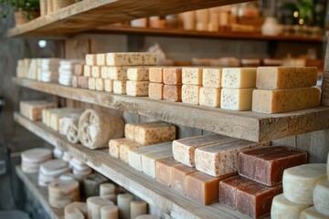 A local artisan shop with rustic displays of handcrafted soaps, each bar a unique and fragrant creation, neatly arranged on wooden shelves