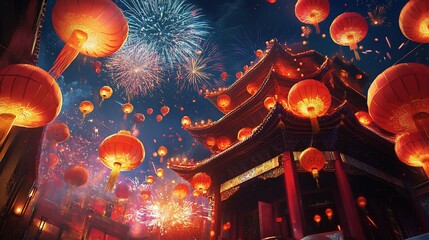 Festive fireworks and lanterns illuminate a Chinese temple during a vibrant celebration.