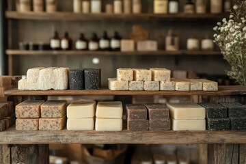 A local artisan shop with rustic displays of handcrafted soaps, each bar a unique and fragrant creation, neatly arranged on wooden shelves