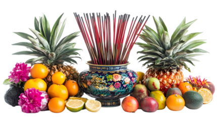 an ornate altar with incense sticks fruits transparant background