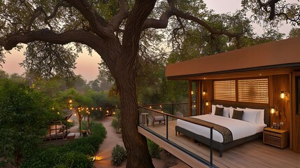Obraz premium Luxurious Treetop Suite with King Bed Private Balcony and Stunning Sunset Views