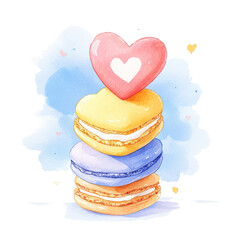 A colorful stack of macarons topped with a heart-shaped cookie, showcasing delightful pastel colors and a playful design. png, transperent background