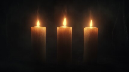 Three Burning Candles in Dark Setting, Mystical Atmosphere