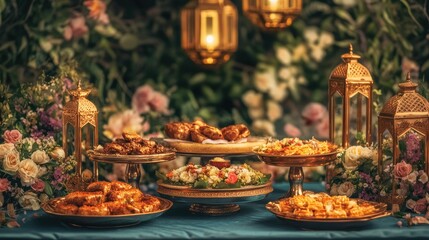 Naklejka premium A Luxurious Festive Food Spread with Golden Decor