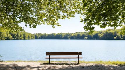 Serene Lakeside Bench: A wooden bench stands alone on the shore of a tranquil lake, surrounded by lush green trees, inviting you to pause, relax, and take in the serenity of nature. 