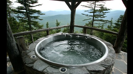 Fototapeta premium Relaxing Hot Tub with Mountain View Luxury Outdoor Spa Getaway