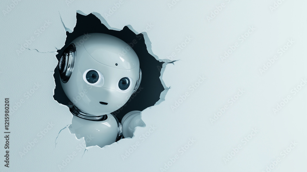 Poster the curious robot: a white humanoid robot with large, expressive eyes peeks curiously through a ragg