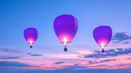 Fototapeta premium Three Purple Sky Lanterns Ascending at Dusk