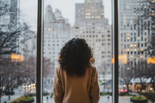 Woman Gazes Out Window At City Skyline View