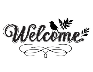 Welcome text design, featuring calligraphy lettering with a modern touch. Elegant calligraphic style illustration in black ink on a white background. 歡迎，手寫字，書法字，藝術字，美字體，英文， 美語歡迎。
