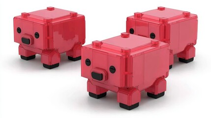Three Red Plastic Piggy Bank Toys on White Background