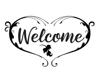 Fototapeta premium Welcome text design, featuring calligraphy lettering with a modern touch. Elegant calligraphic style illustration in black ink on a white background. A stylish and sophisticated vector graphic for quo