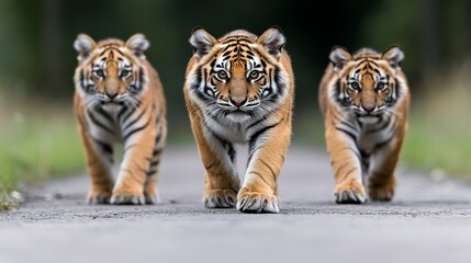 Fototapeta premium Three Tiger Cubs Walking on a Path