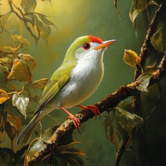 Colorful tropical bird perched on a branch amidst lush foliage, showcasing vibrant plumage and intricate details in a serene nature setting, perfect for wildlife enthusiasts.