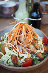 Crispy Chicken Salad topped with Fresh Vegetables and Delicious Dressing