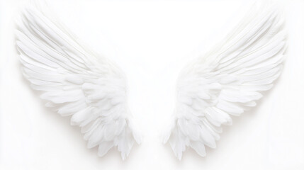 Fototapeta premium Angelic Wings: A pair of large, pristine white wings, exquisitely detailed, spread wide against a backdrop. The image evokes feelings of purity, hope, and spiritual freedom. 