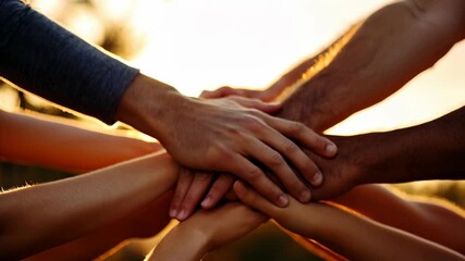 A heartwarming video showcasing unity and teamwork, with hands stacked together against a sunset backdrop. Close-up, low-angle video shot.