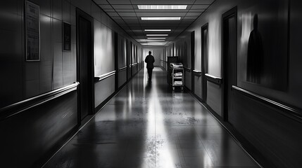 A solitary figure walking down a long, dimly lit corridor.