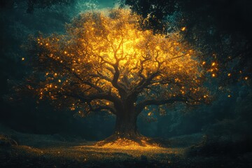 A massive tree with glowing leaves in the middle of a dark forest, where the light from the tree illuminates the surroundings
