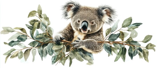 Fototapeta premium Adorable Koala on Eucalyptus Branch Watercolor Painting