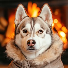 petfluencer idol Husky dog in warm winter coat near fireplace.
