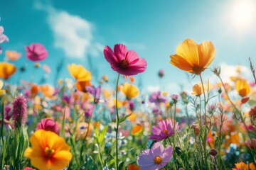 Fototapeta premium A meadow bursting with blooming wildflowers, a vivid tapestry of colors under the bright sunlight, showcasing nature's vibrant beauty.
