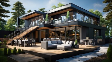 Fototapeta premium modern dark villa with open plan living and private chair wing with small terrace for relaxation HD 8K wallpaper Photographic Image