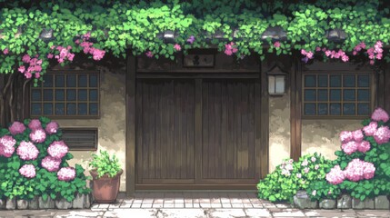 Fototapeta premium Tranquil Japanese House with Blooming Hydrangeas and Vines