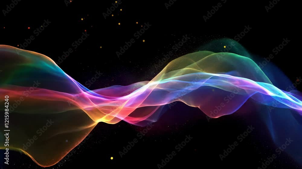 Poster vibrant, flowing waves of multicolored light particles create a dynamic, abstract visual. shot with 