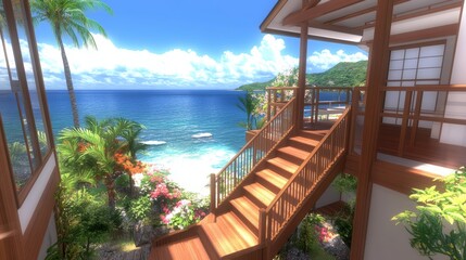 Tranquil Oceanview Japanese-Style House Stairs