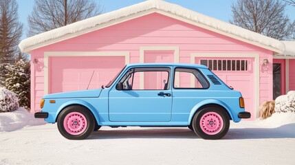 Fototapeta premium Pastel Pink House and Light Blue Classic Car in Snowy Scene