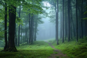 Obraz premium A misty morning in an enchanted forest, where the fog weaves through the trees, creating a mystical and serene atmosphere.