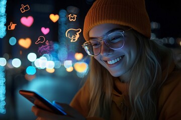 A young woman is smiling while using her smartphone, with various social media icons like thumbs up and hearts floating around her in the background