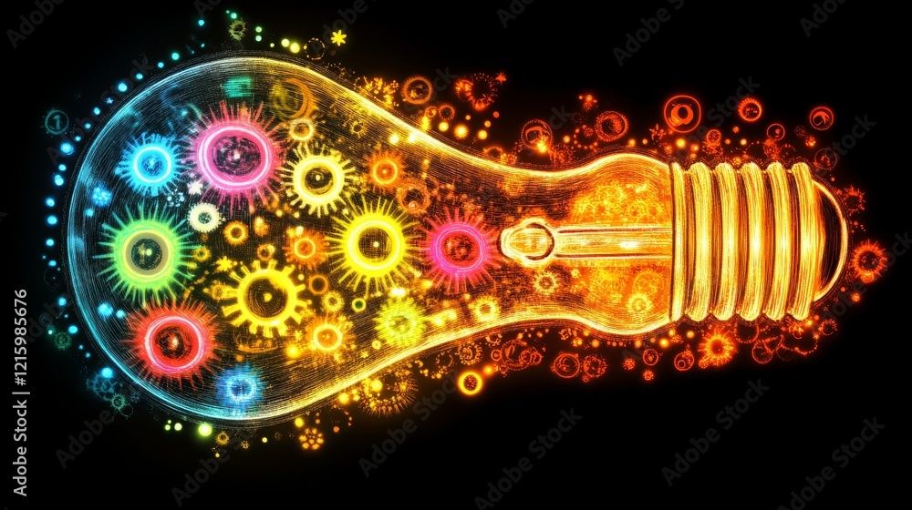 Poster illuminated lightbulb filled with colorful gears and exploding creativity