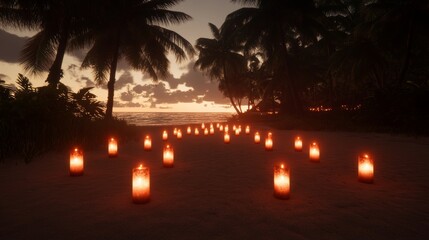 Tropical Beach Sunset with Candlelit Path