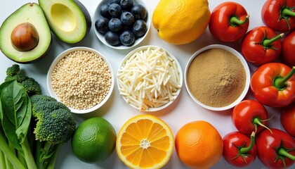 Balanced Diet Display: Fruits, Vetables, Grains, and Powders on White Surface