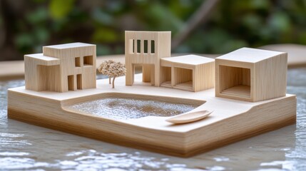 Miniature Wooden Architectural Model: Lakeside Village