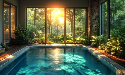Serene indoor pool with sunlight streaming through large windows, surrounded by lush greenery