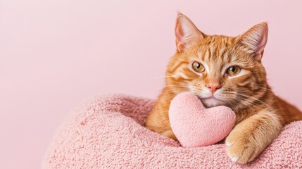 an adorable little kitten with a heart shaped toy on a cozy blanket