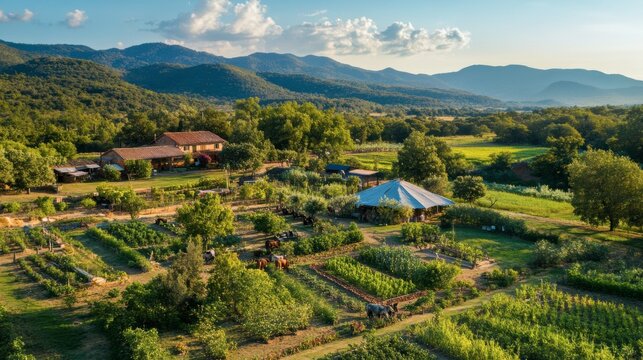 A biodynamic farm with interconnected crops, animals, and natural ecosystems
