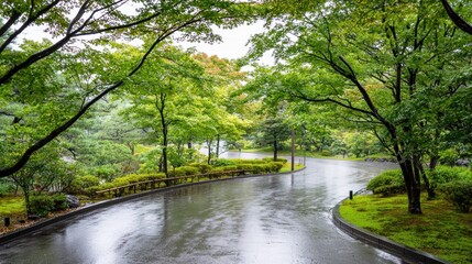 Obraz premium Serene tree-lined road after rain in a lush landscape.