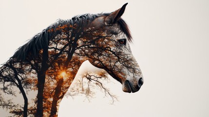 Majestic Horse Double Exposure with Autumn Trees and Soft Light, Capturing the Beauty of Nature Blending with Equine Majesty for Fine Art and Nature Photography