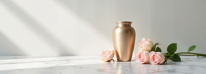 Funeral urn with pink roses on marble surface