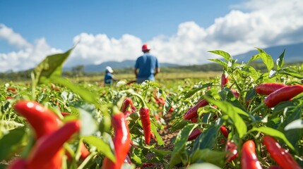 A chili farm with workers harvesting bright red peppers under a clear sky