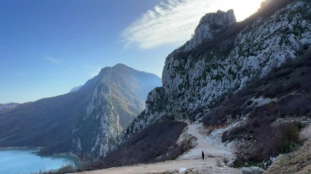 The Lake Bovilla and Gamti peak on a sunny day in Dajti Mountain National Park, Albania