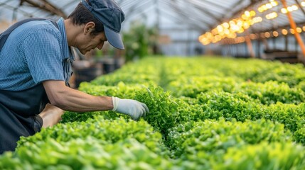 A farmer inspecting rows of hydroponic lettuce under vibrant grow lights
