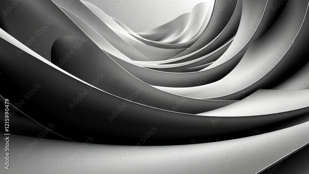 Poster abstract flowing curves in monochrome waves creating futuristic rhythm