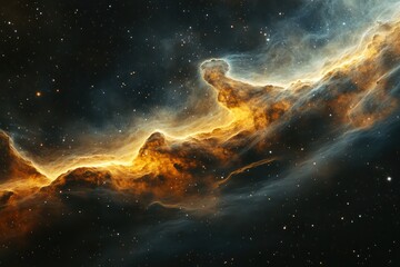 A nebula resembling a cosmic wave, with flowing streams of gas and dust, shimmering in the light of nearby stars, creating a dynamic display in space